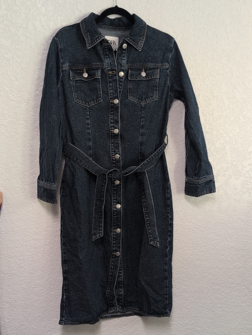 ZARA Denim Shirt Dress with Tie Belt - Dark Blue - Picture 3 of 7